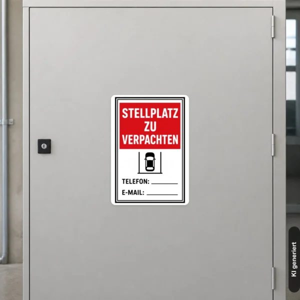 KI-generiertes Anwendungsbeispiel: Stellplatz zu verpachten Aufkleber im Hochformat an einer Einfahrt mit gut sichtbaren Kontaktfeldern.