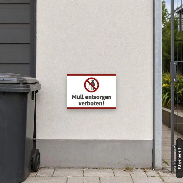 KI-generiertes Anwendungsbeispiel für Schild Müll entsorgen verboten: Schild klein und realistisch am passenden Einsatzort dargestellt.