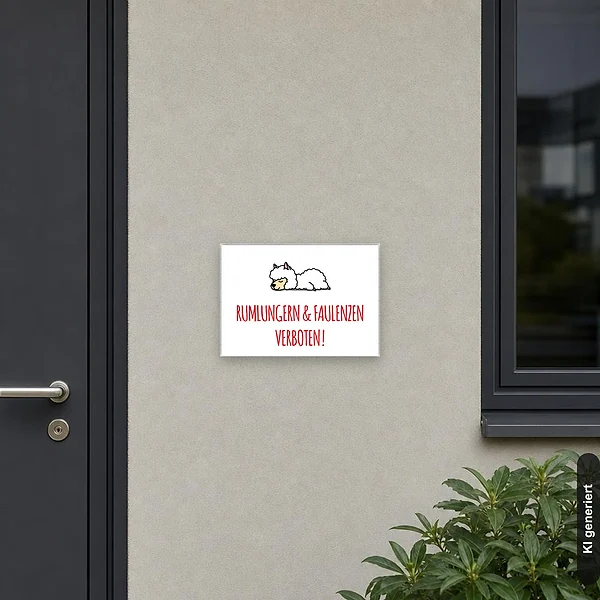 KI-generiertes Anwendungsbeispiel für Schild Rumlungern und Faulenzen verboten - Schaf: Schild klein und realistisch am passenden Einsatzort dargestellt.