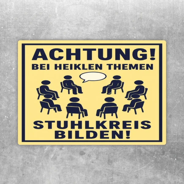 Gelb-dunkelblauer Stuhlkreis bilden Aufkleber mit acht Personen im Kreis und der Aufschrift für heikle Gespräche.
