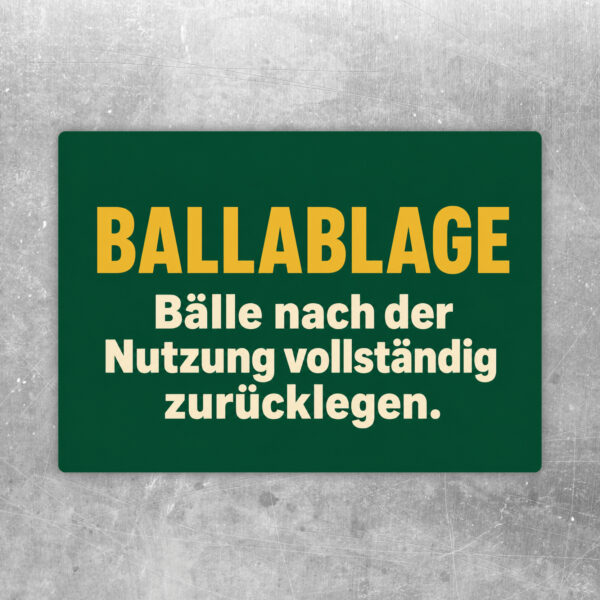 Ballablage Aufkleber im Querformat mit bunten Bällen und Hinweis zum vollständigen Zurücklegen nach der Nutzung.