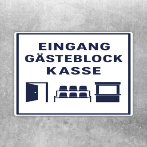 Aufkleber mit der Aufschrift Eingang Gästeblock Kasse in Weiß und Dunkelblau für klare Besucherführung am Eingang.