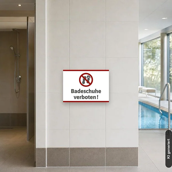 KI-generiertes Anwendungsbeispiel für Schild Badeschuhe verboten: Schild klein und realistisch am passenden Einsatzort dargestellt.