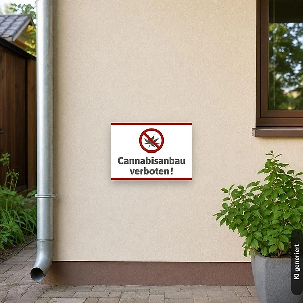 KI-generiertes Anwendungsbeispiel für Schild Cannabisanbau verboten: Schild klein und realistisch am passenden Einsatzort dargestellt.