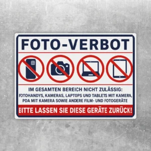 Foto-Verbot für Geräte Aufkleber mit durchgestrichenen Symbolen für Handy, Kamera, Laptop und Tablet in Rot und Dunkelblau.