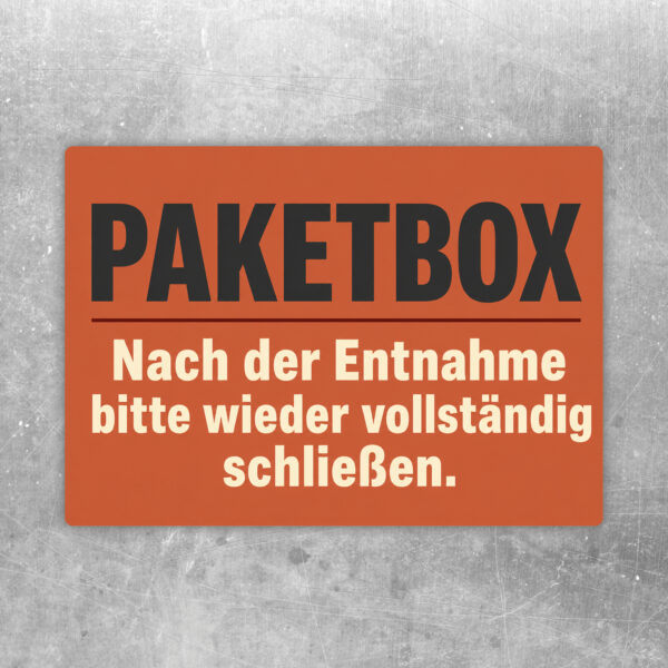 Paketbox Aufkleber im Querformat mit Text Nach der Entnahme bitte wieder vollständig schließen und farbiger Illustration.