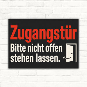 Dunkelgrünes Zugangstür Schild mit Text „Bitte nicht offen stehen lassen.“ und goldener Türillustration im Querformat.