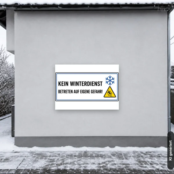 KI-generiertes Anwendungsbeispiel: Kein Winterdienst Schild im Querformat an einer Hofeinfahrt, mit Schneeflocke und Warnsymbol sichtbar montiert.