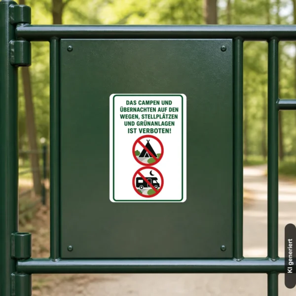 KI-generiertes Anwendungsbeispiel: Camping und Übernachten verboten Aufkleber an einer Zufahrt mit klar sichtbarem Verbotssymbol.