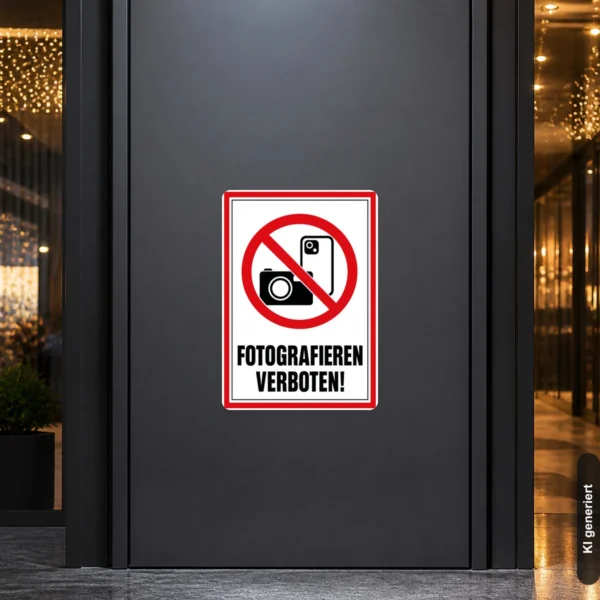 KI-generiertes Anwendungsbeispiel: Fotografieren verboten Aufkleber an einer Glastür mit rotem Verbotssymbol und Kameramotiv.
