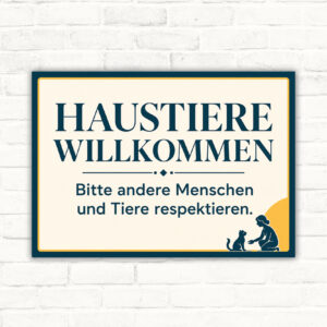 Haustiere willkommen Schild mit Hund, Katze und Text „Bitte andere Menschen und Tiere respektieren“ im Querformat.