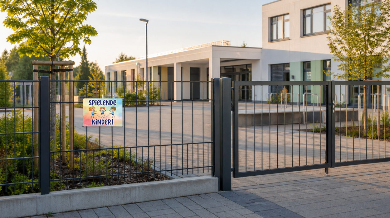 Schild „Spielende Kinder“ am Zaun einer öffentlichen Einrichtung