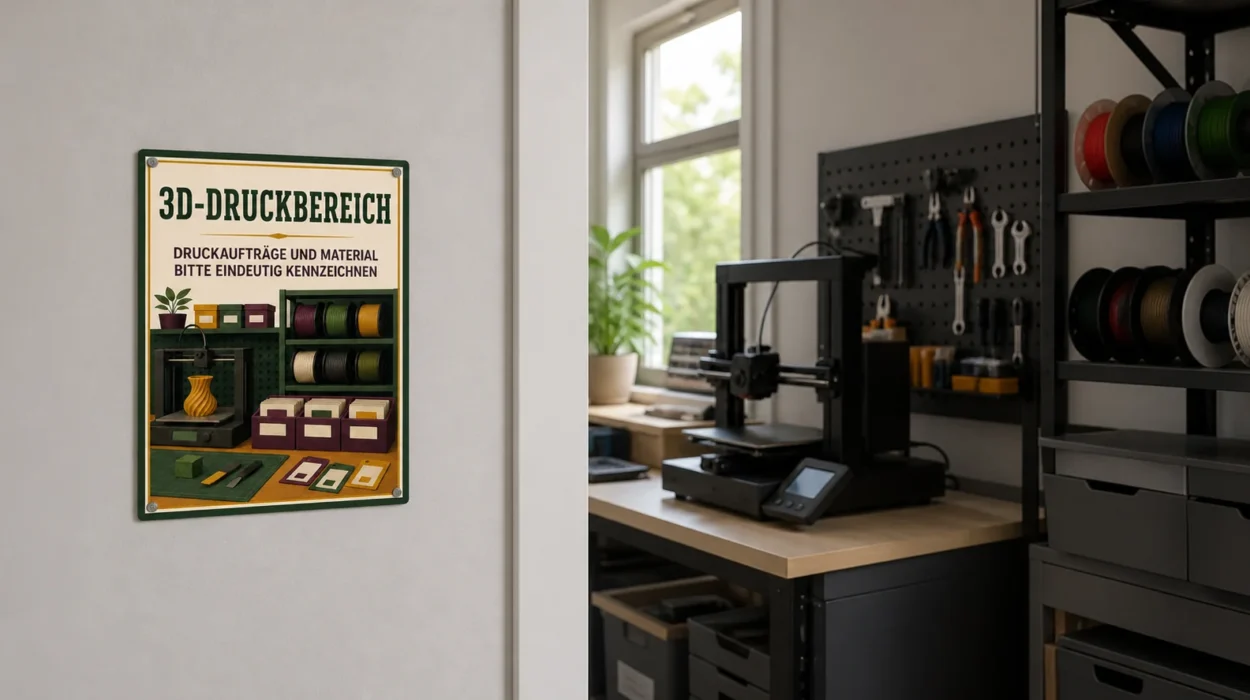 Hinweisschild für einen 3D-Druckbereich in einer realistischen Werkstatt