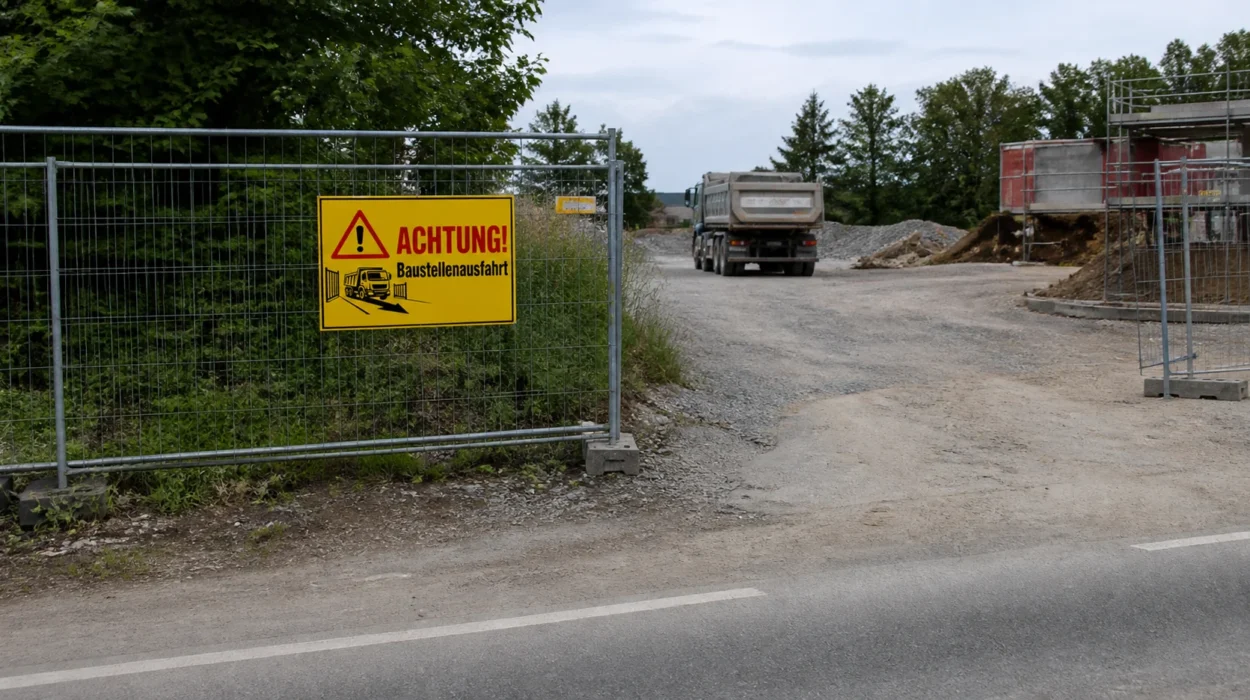 Warnschild Baustellenausfahrt an einer realistischen Baustellenzufahrt