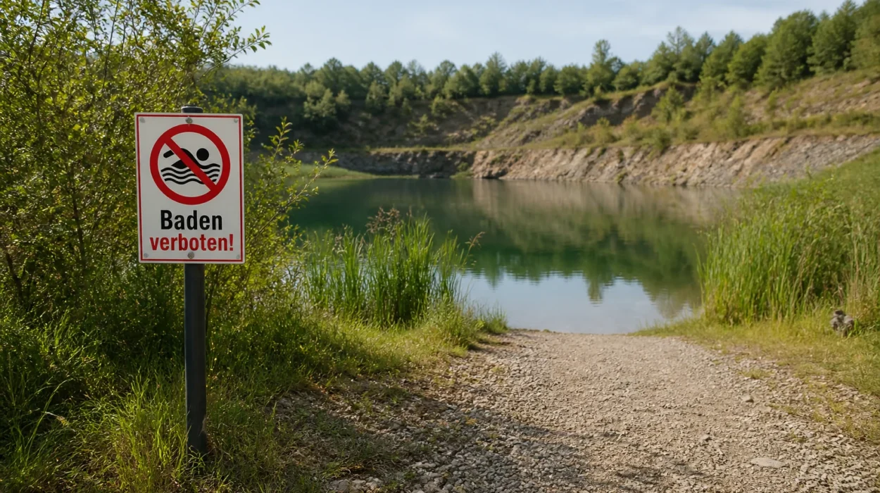 Verbotsschild Baden verboten an einem realistischen Uferzugang