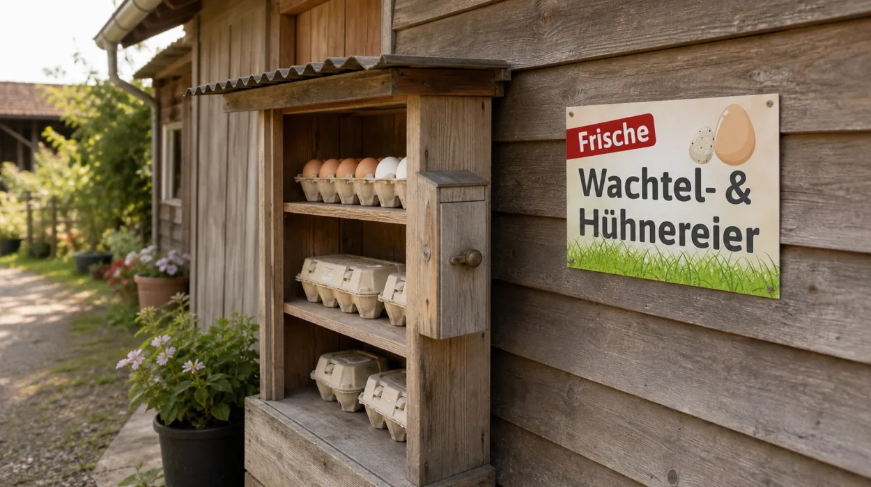 Verkaufsschild für frische Wachtel- und Hühnereier an einem ländlichen Verkaufsstand