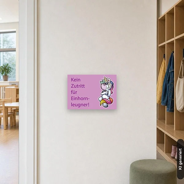 KI-generiertes Anwendungsbeispiel für Schild kein Zutritt für Einhornleugner Mädchenzimmer: Schild klein und realistisch am passenden Einsatzort dargestellt.