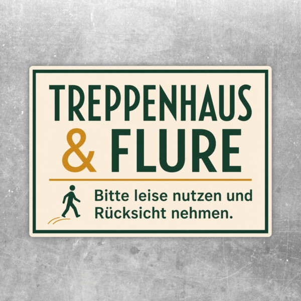 Querformatiger Treppenhaus Aufkleber mit Illustration, cremefarbenem Hintergrund und Hinweis auf leise Nutzung.