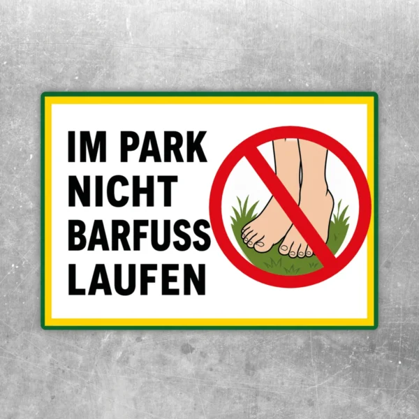 Im Park nicht barfuß laufen Aufkleber mit rotem Verbotssymbol und schwarzem Text für Grünflächen und Parkeingänge.