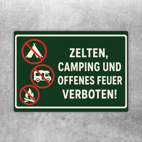 Grüner Verbotsaufkleber mit Zelt-, Wohnmobil- und Feuersymbol sowie dem Text „Zelten, Camping und offenes Feuer verboten“.