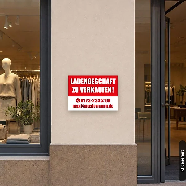 KI-generiertes Anwendungsbeispiel für Schild Ladengschäft zu verkaufen: Schild klein und realistisch am passenden Einsatzort dargestellt.