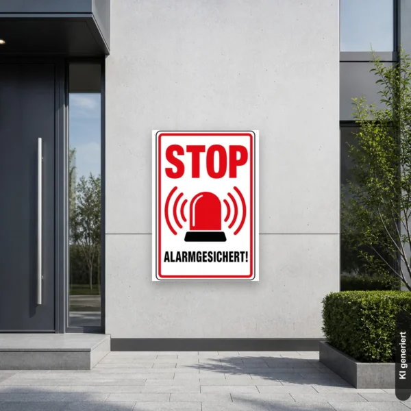 KI-generiertes Anwendungsbeispiel: STOP Alarmgesichert Schild an einer Haustür mit rotem Warntext und Sirenenmotiv zur klaren Abschreckung.