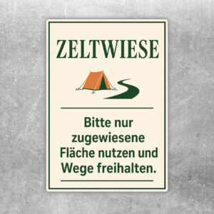 Zeltwiese Aufkleber im Hochformat mit Zelten, Wegen und Hinweis, zugewiesene Fläche nutzen und Wege freihalten.