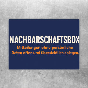 Nachbarschaftsbox Aufkleber im Querformat mit farbiger Ablagebox und Hinweis zu Mitteilungen ohne persönliche Daten.