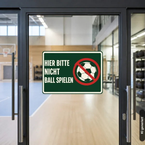 KI-generiertes Anwendungsbeispiel: Hier bitte nicht Ball spielen Aufkleber an einer grün gestrichenen Hauswand mit deutlichem Verbotsmotiv über Fußballsymbol platziert.