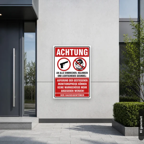 KI-generiertes Anwendungsbeispiel: Achtung-Einbrecher-Schild mit Humor für Hauseingang, Zaun oder Garage als bedrucktes Warnschild.