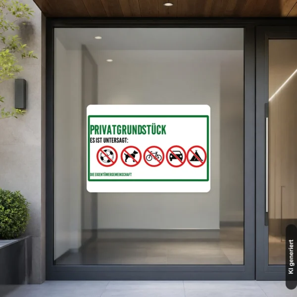 KI-generiertes Anwendungsbeispiel: Privatgrundstück Verbotsschild Querformat Aufkleber an einem Tor mit klarer, gut sichtbarer Verbotsbotschaft.
