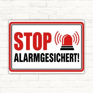 Warnschild mit rotem STOP und Alarm-Symbol sowie schwarzem Schriftzug „ALARMGESICHERT!“ im Querformat.