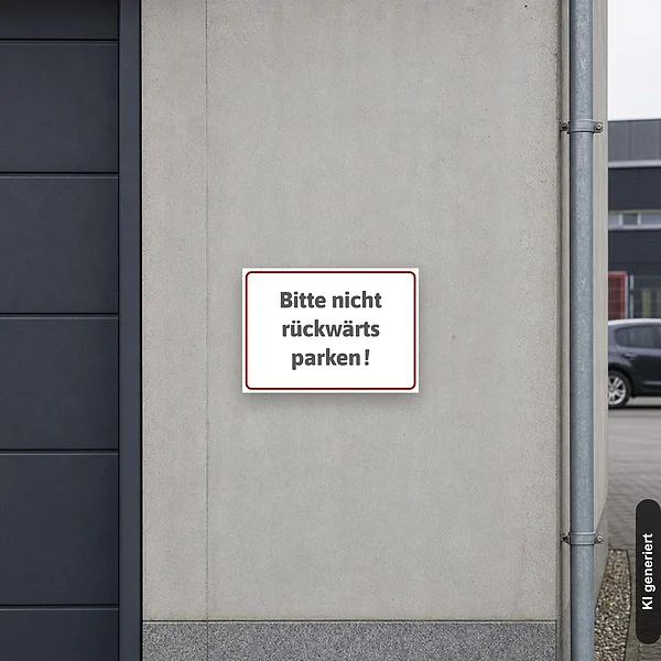 KI-generiertes Anwendungsbeispiel für Schild Bitte nicht rückwärts parken: Schild klein und realistisch am passenden Einsatzort dargestellt.