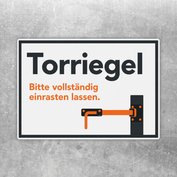 Querformatiger Torriegel Aufkleber mit blauem Tor, gelbem Riegel und Hinweis „Bitte vollständig einrasten lassen“.