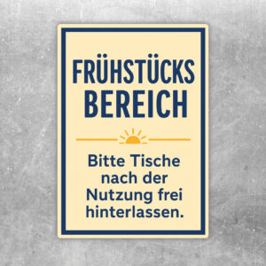 Aufkleber Frühstücksbereich mit Illustration eines hellen Frühstücksraums und Hinweis, Tische frei zu hinterlassen.