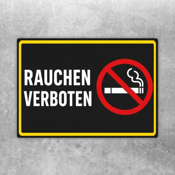 Rauchen verboten Aufkleber im Querformat mit rotem Verbotssymbol auf schwarzem Hintergrund und gelbem Rand.