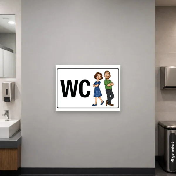 KI-generiertes Anwendungsbeispiel: WC Schild mit Figuren und großem WC-Schriftzug zur klaren Kennzeichnung eines Sanitärbereichs.