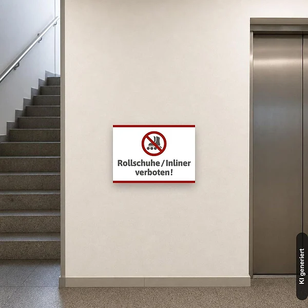 KI-generiertes Anwendungsbeispiel für Schild Rollschuhe Inliner verboten: Schild klein und realistisch am passenden Einsatzort dargestellt.