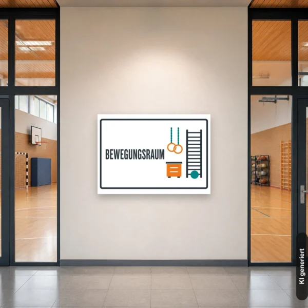 KI-generiertes Anwendungsbeispiel: Bewegungsraum Schild mit Turnringen und Sprossenleiter zur Kennzeichnung eines Kita-Turnraums.