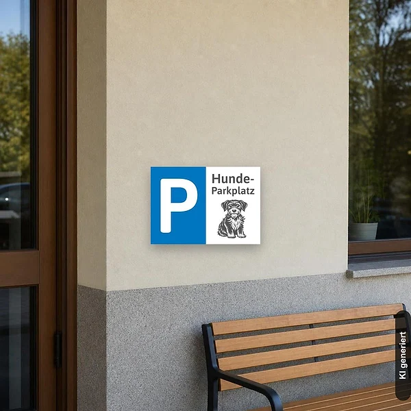 KI-generiertes Anwendungsbeispiel für Schild Hundeparkplatz Parken Parkplatz: Schild klein und realistisch am passenden Einsatzort dargestellt.