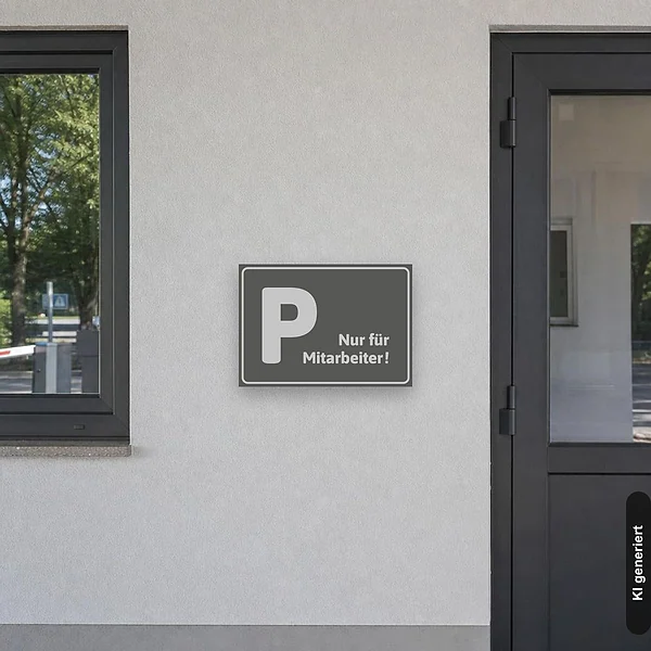 KI-generiertes Anwendungsbeispiel für Schild Parkplatz nur für Mitarbeiter grau edel: Schild klein und realistisch am passenden Einsatzort dargestellt.