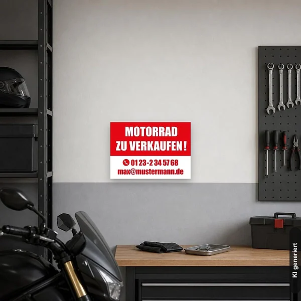 KI-generiertes Anwendungsbeispiel für Schild Motorrad zu verkaufen: Schild klein und realistisch am passenden Einsatzort dargestellt.