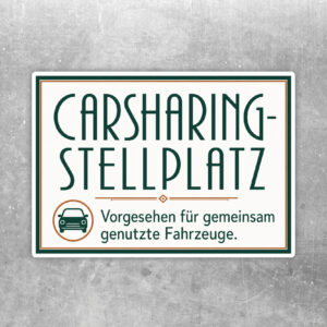 Carsharing-Stellplatz Aufkleber im Querformat mit Retro-Auto, cremefarbenem Hintergrund und dunkelgrünem Text.