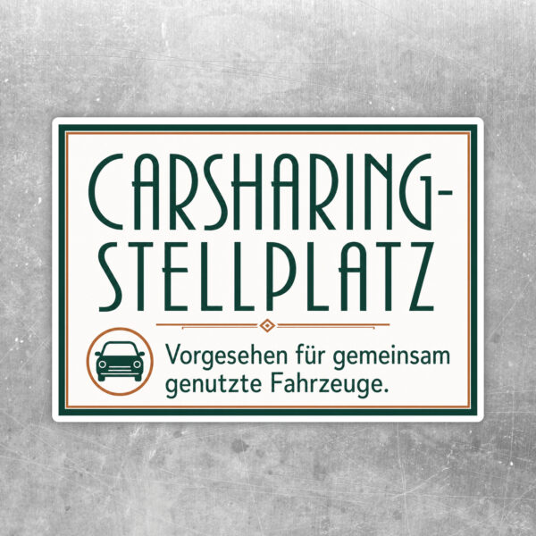 Carsharing-Stellplatz Aufkleber im Querformat mit Retro-Auto, cremefarbenem Hintergrund und dunkelgrünem Text.