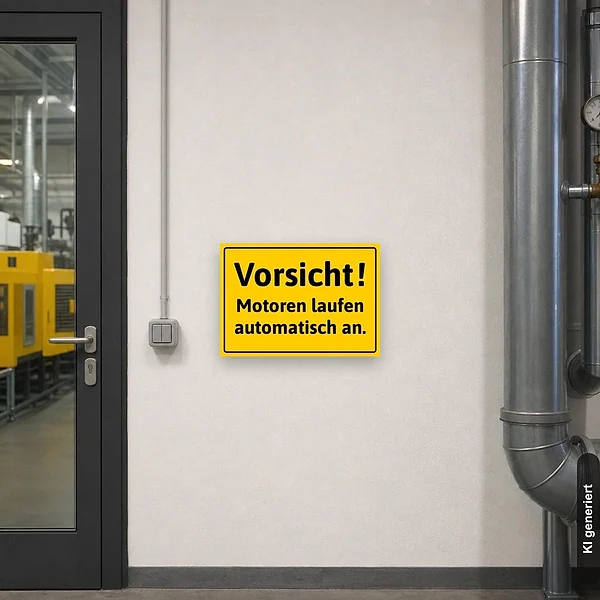 KI-generiertes Anwendungsbeispiel für Schild Vorsicht! Motoren laufen automatisch an.: Schild klein und realistisch am passenden Einsatzort dargestellt.