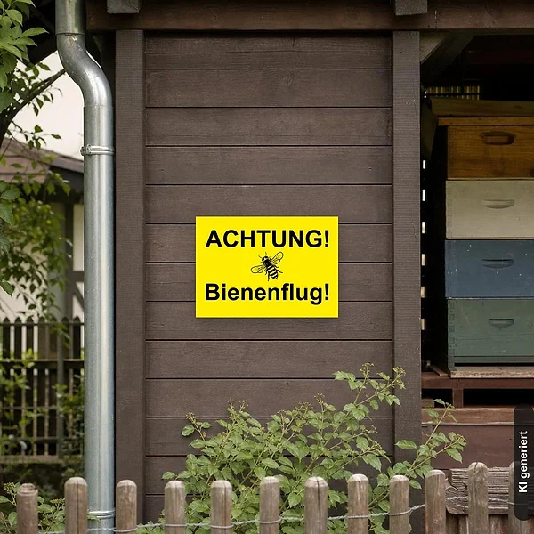 KI-generiertes Anwendungsbeispiel für Schild Achtung Bienenflug: Schild klein und realistisch am passenden Einsatzort dargestellt.