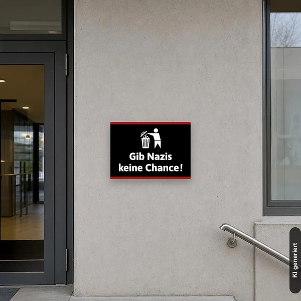 KI-generiertes Anwendungsbeispiel für Schild Gib Nazis keine Chance - schwarz: Schild klein und realistisch am passenden Einsatzort dargestellt.