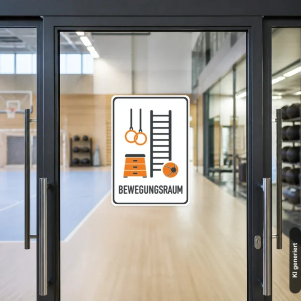 KI-generiertes Anwendungsbeispiel: Bewegungsraum Aufkleber in Weiß, Orange und Dunkelgrau an einer glatten Tür im Sportbereich.