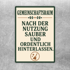 Aufkleber Gemeinschaftsraum sauber hinterlassen mit illustrativem Raum, Tisch, Stühlen, Pflanze und Hinweistext.