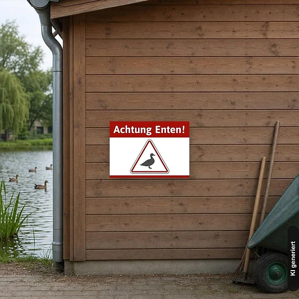 KI-generiertes Anwendungsbeispiel für Schild Achtung Enten: Schild klein und realistisch am passenden Einsatzort dargestellt.